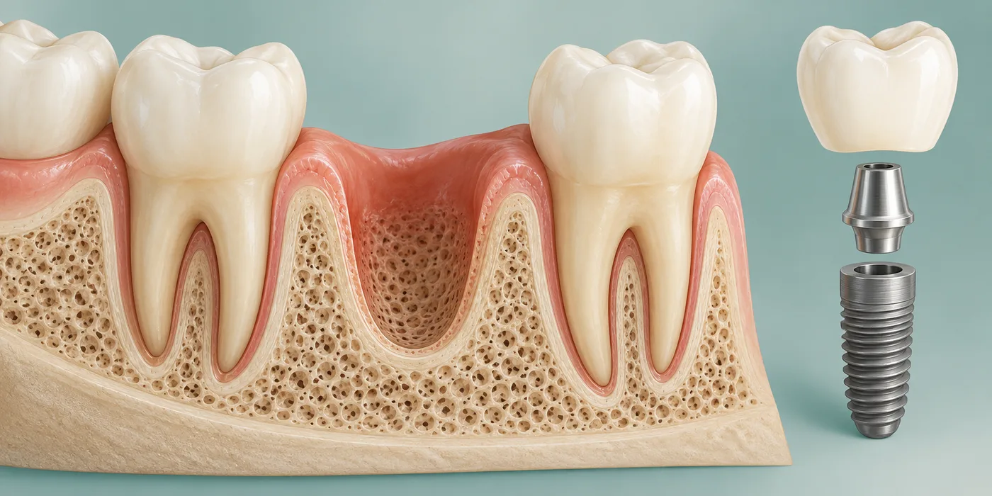 Illustration of a missing tooth socket between neighbouring teeth, with an implant, connector and crown shown separately