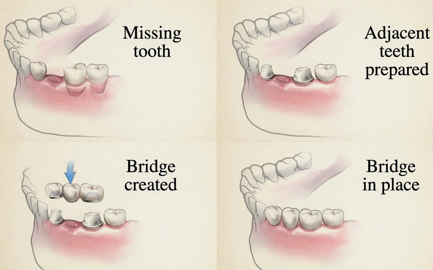 Four-step illustration of a dental bridge: a missing tooth, the adjacent teeth prepared, the bridge being seated, and the bridge in place