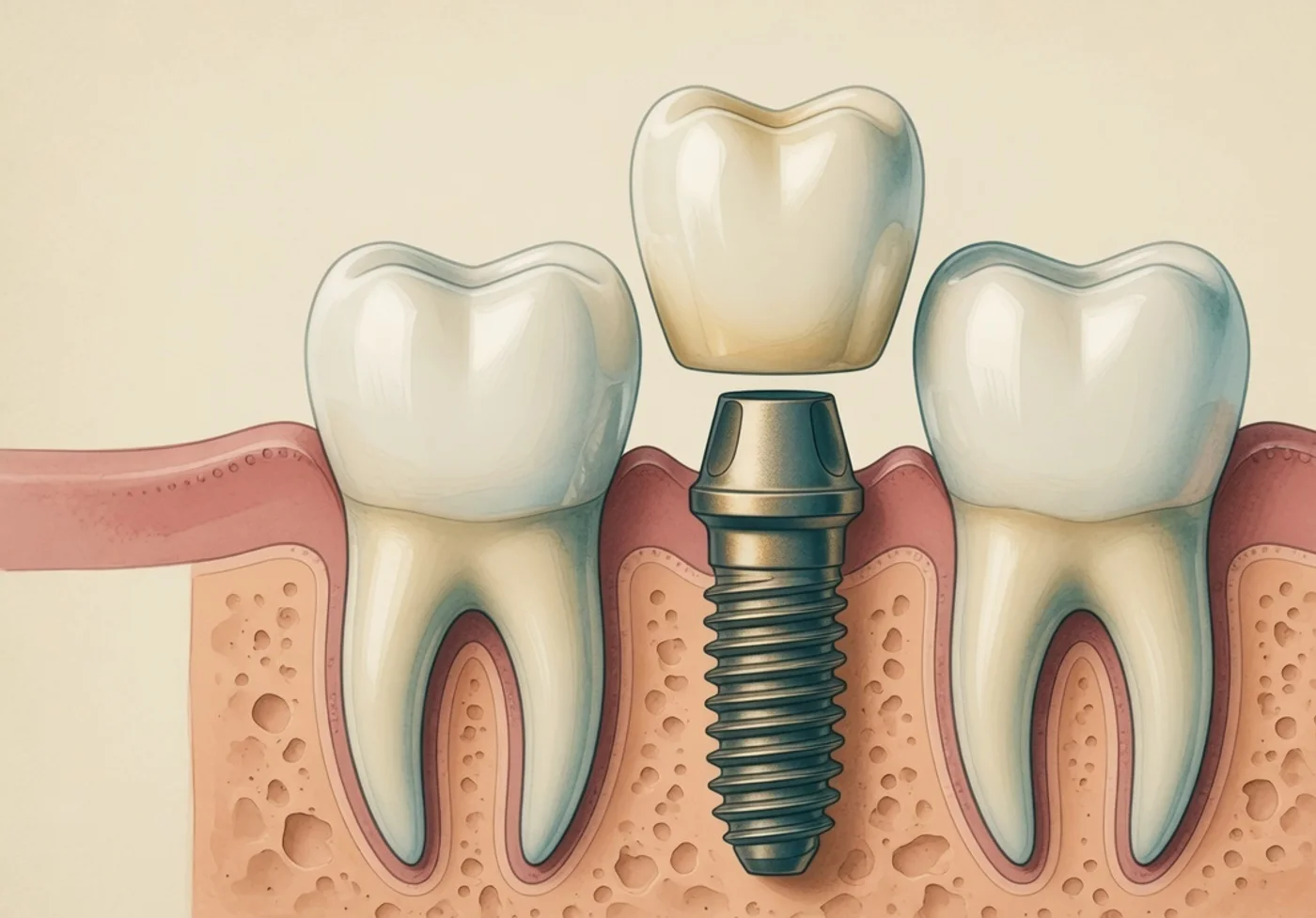 Illustration of a single dental implant: a screw in the jawbone, a connector, and a separate crown, with the neighbouring teeth left whole