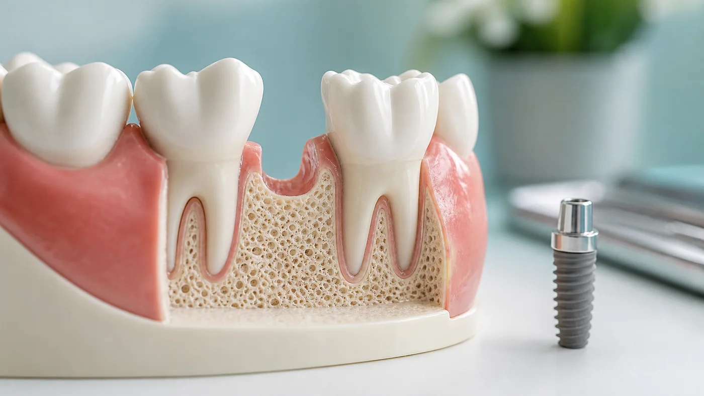 Dental model showing jawbone and gum support for implant planning