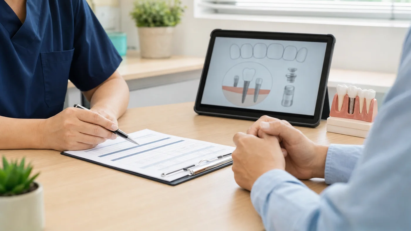 Dental implant consultation reviewing medical history and treatment options