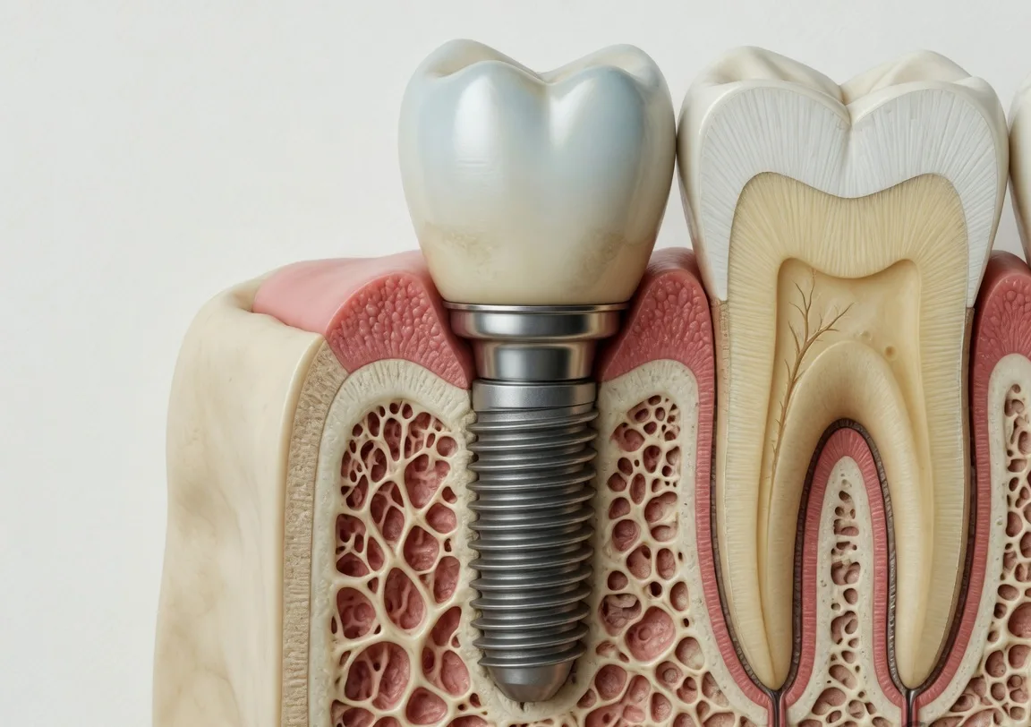 Cross-section of an endosteal dental implant seated inside the jawbone with an abutment and crown