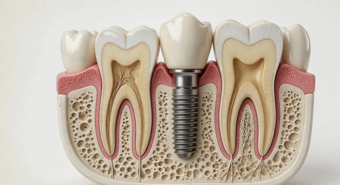 Cross-section of a dental implant in the jawbone with an abutment and crown