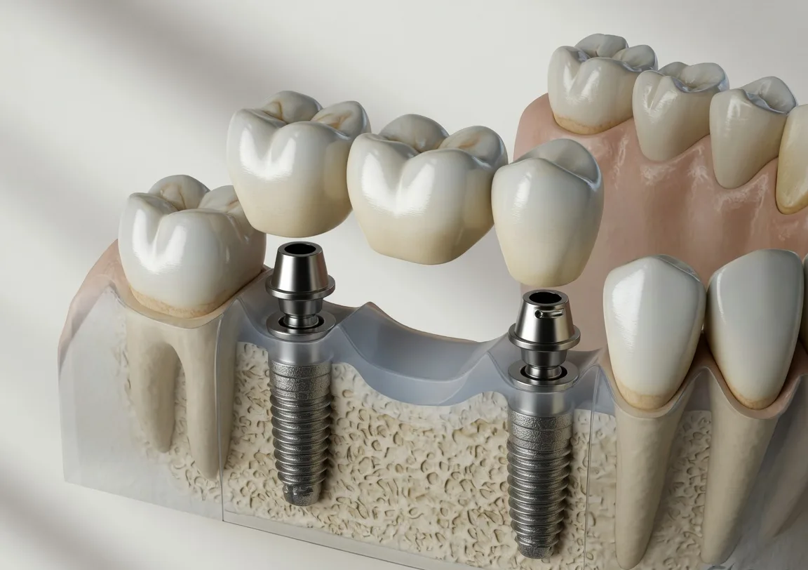 Two dental implants supporting a three-unit bridge across a gap of missing teeth