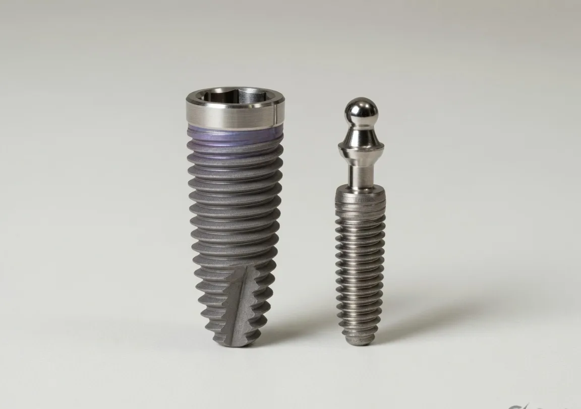 Standard-diameter titanium dental implant beside a much narrower mini implant with a ball abutment