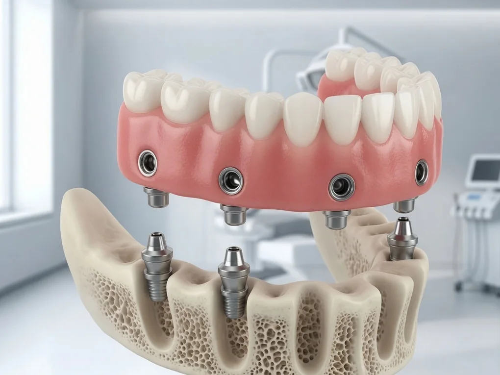 Implant-retained overdenture hovering above ball abutments on a lower jaw, teeth facing up and snap sockets facing the implants