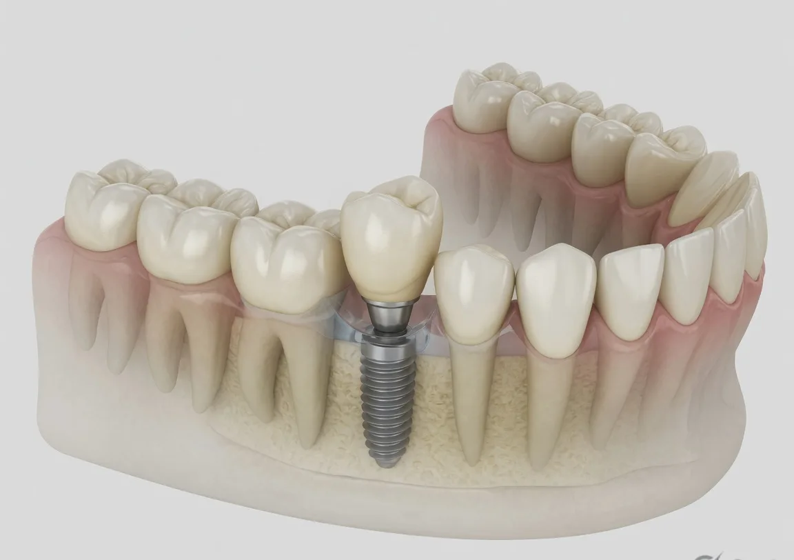 Single tooth dental implant replacing one missing tooth between healthy neighbouring teeth