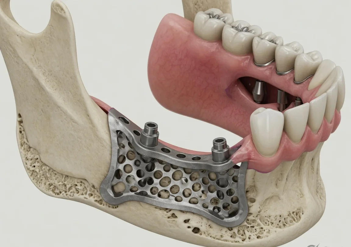 Custom subperiosteal implant framework sitting on a resorbed jawbone ridge under the gum