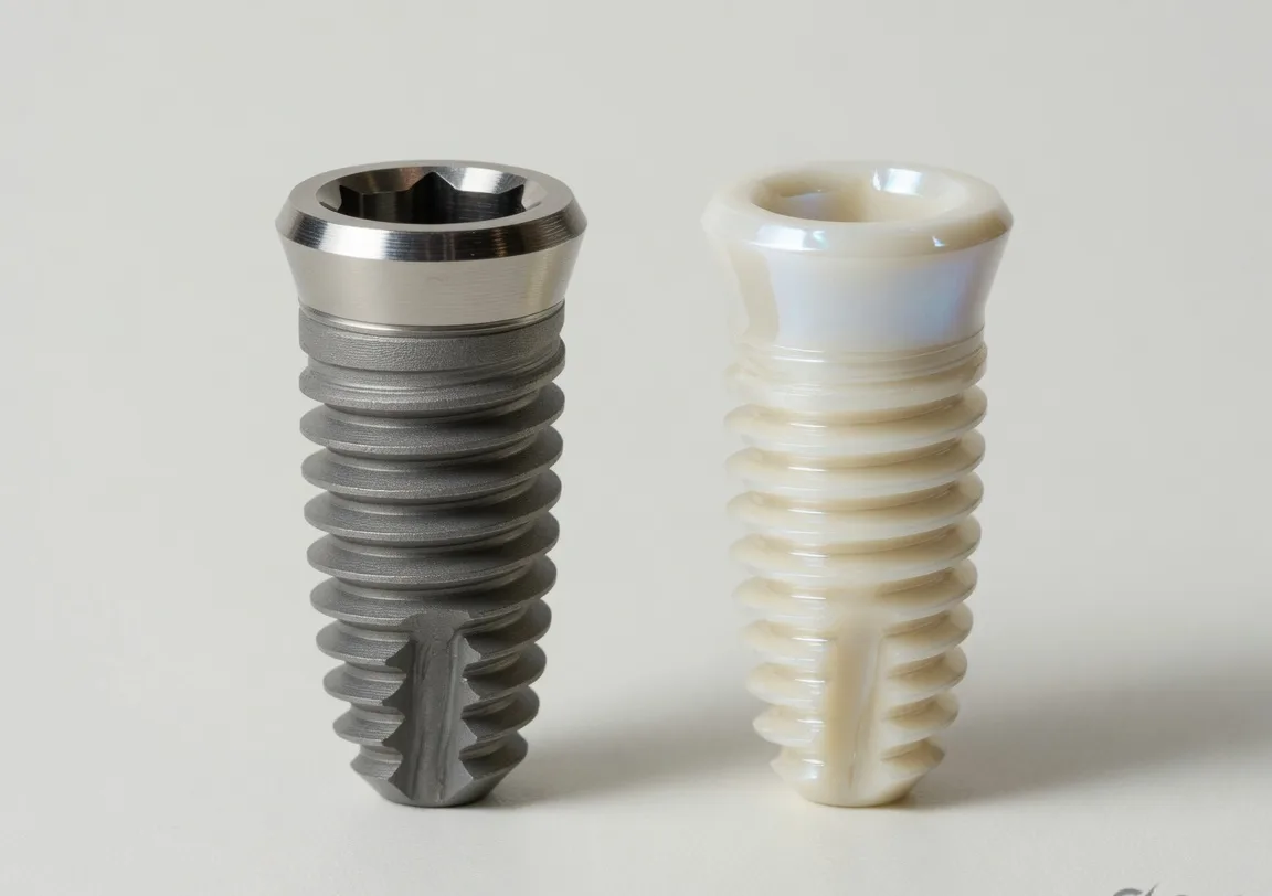 Titanium dental implant fixture beside a white ceramic zirconia implant fixture