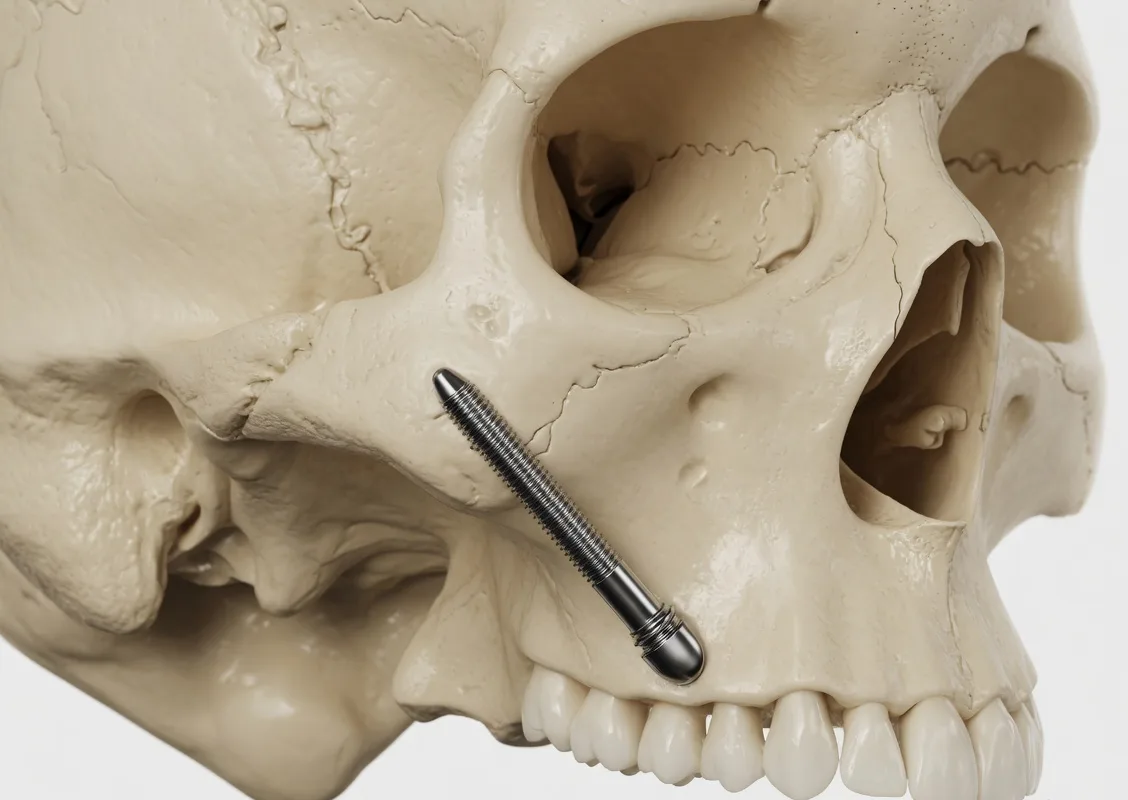 Long zygomatic dental implant anchored in the cheekbone below the eye socket